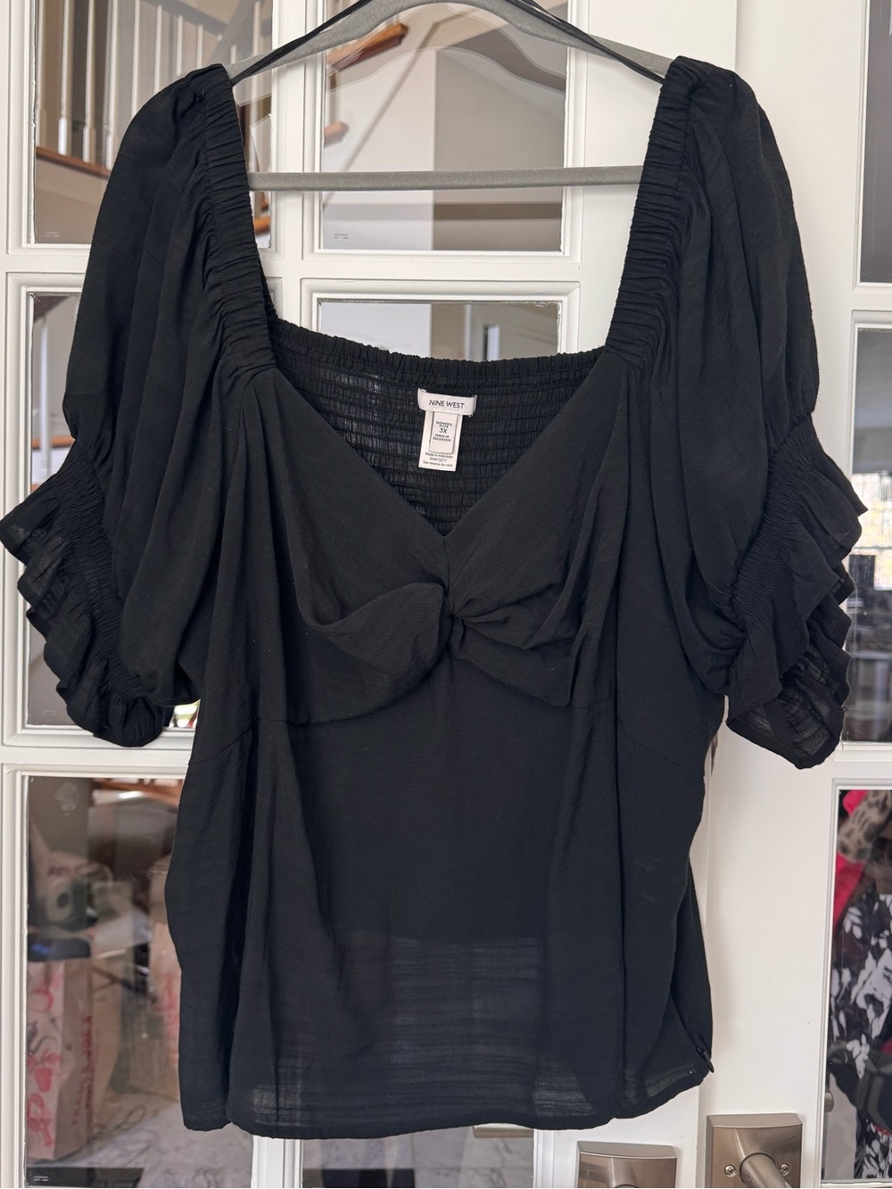 Nine West short puffed sleeve blouse 3X Black Romantic Dark Cottagecore Milkmaid